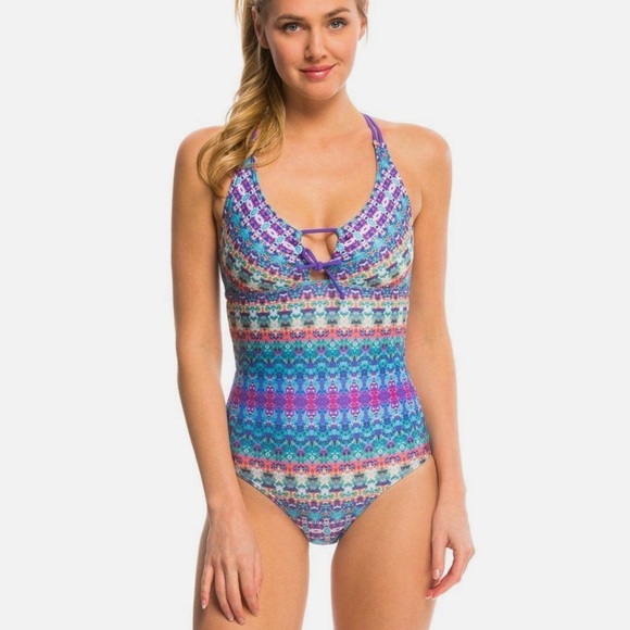 PrAna One Piece Swimsuit INEZ Aquabloom Purple Macrame UPF 50 - Picture 1 of 15